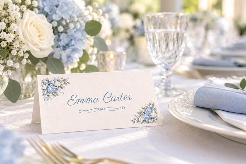 May include: A folded white place card featuring blue floral illustrations in the top-left and bottom-right corners. The name Emma Carter is printed in blue script in the center, accompanied by a decorative blue line flourish underneath.