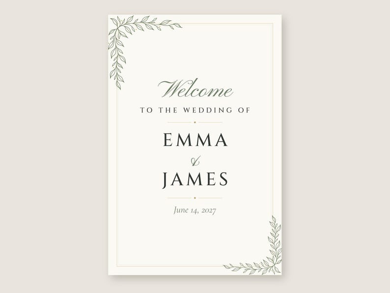 Custom Wedding Welcome Sign, Botanical Line Art Welcome Sign with Names and Date, Minimalist Wedding Sign, Printable 24x36 Digital File image 2
