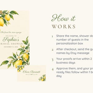 May include: A bridal shower invitation and place card set featuring watercolor lemon and blossom illustrations. The text reads: She found her main squeeze, WELCOME TO Sophia's BRIDAL SHOWER, NOVEMBER 14, 2026, and Olivia Bennett. Includes instructions on how it works.