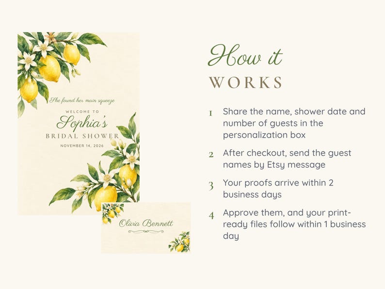 May include: A bridal shower invitation and place card set featuring watercolor lemon and blossom illustrations. The text reads: She found her main squeeze, WELCOME TO Sophia's BRIDAL SHOWER, NOVEMBER 14, 2026, and Olivia Bennett. Includes instructions on how it works.