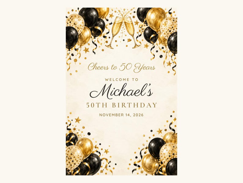Custom Birthday Welcome Sign, Cheers to 50 Years Sign, Black and Gold Balloon Birthday Decor, Printable 24x36 Digital File image 2