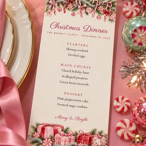 Custom Christmas Dinner Menu, Merry and Bright Menu Card, Pink Peppermint Place Setting Menu, Printable 4x9 Digital File