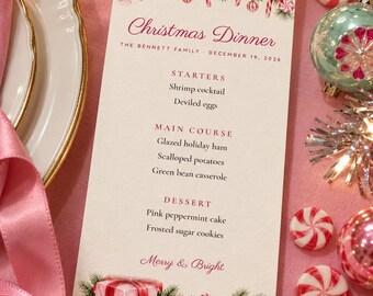 Custom Christmas Dinner Menu, Merry and Bright Menu Card, Pink Peppermint Place Setting Menu, Printable 4x9 Digital File