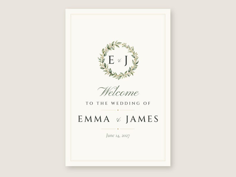 Custom Wedding Welcome Sign, Monogram Welcome Sign with Names and Date, Wreath Wedding Sign, Printable 24x36 Digital File image 2