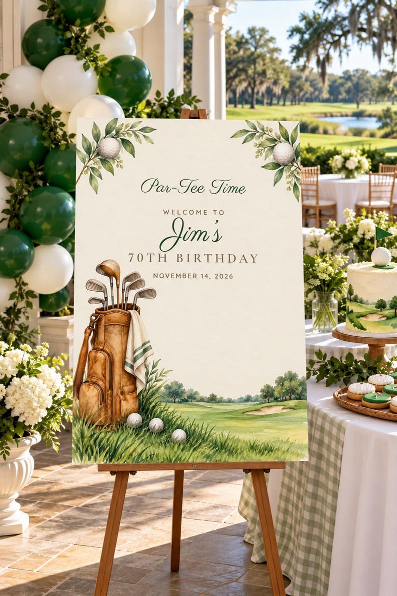 Birthday Welcome Sign and Name Tents Set, Par-Tee Time, Vintage Golf Bag Birthday Decor, Custom Printable Digital Files image 2