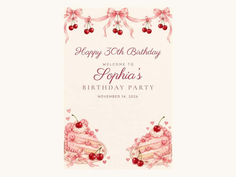 Custom Birthday Welcome Sign, Happy 30th Birthday Sign, Cherry and Bow Birthday Decor, Printable 24x36 Digital File image 2