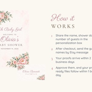 Baby Shower Welcome Sign and Name Tents Set, Oh Baby Girl Pink Bow, Floral Corner Shower Decor, Custom Printable Digital Files image 4