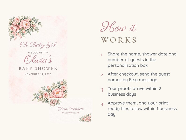 Baby Shower Welcome Sign and Name Tents Set, Oh Baby Girl Pink Bow, Floral Corner Shower Decor, Custom Printable Digital Files image 4