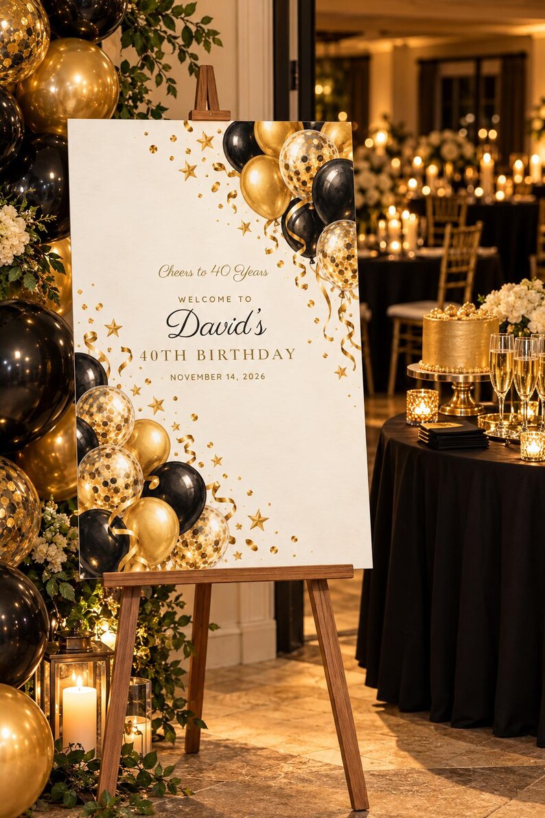 Custom Birthday Welcome Sign, Cheers to 40 Years Sign, Black and Gold Balloons Birthday Decor, Printable 24x36 Digital File image 1