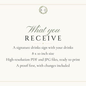 Custom Signature Drinks Sign, Monogram Wedding Bar Sign, Wreath Cocktail Menu, Printable 8x10 Digital File image 5