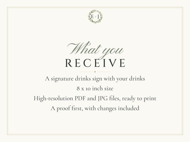Custom Signature Drinks Sign, Monogram Wedding Bar Sign, Wreath Cocktail Menu, Printable 8x10 Digital File image 5