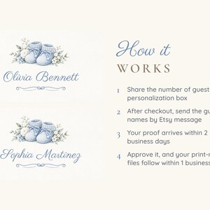 May include: Two rectangular cards featuring a watercolor illustration of light blue baby booties surrounded by white flowers and greenery. The text reads Olivia Bennett and Sophia Martinez. The right side lists instructions titled How it WORKS with four numbered steps for personalization and proofing.