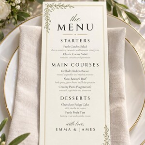 Custom Wedding Dinner Menu, Botanical Line Art Reception Menu Card, Minimalist Place Setting Menu, Printable 4x9 Digital File image 1