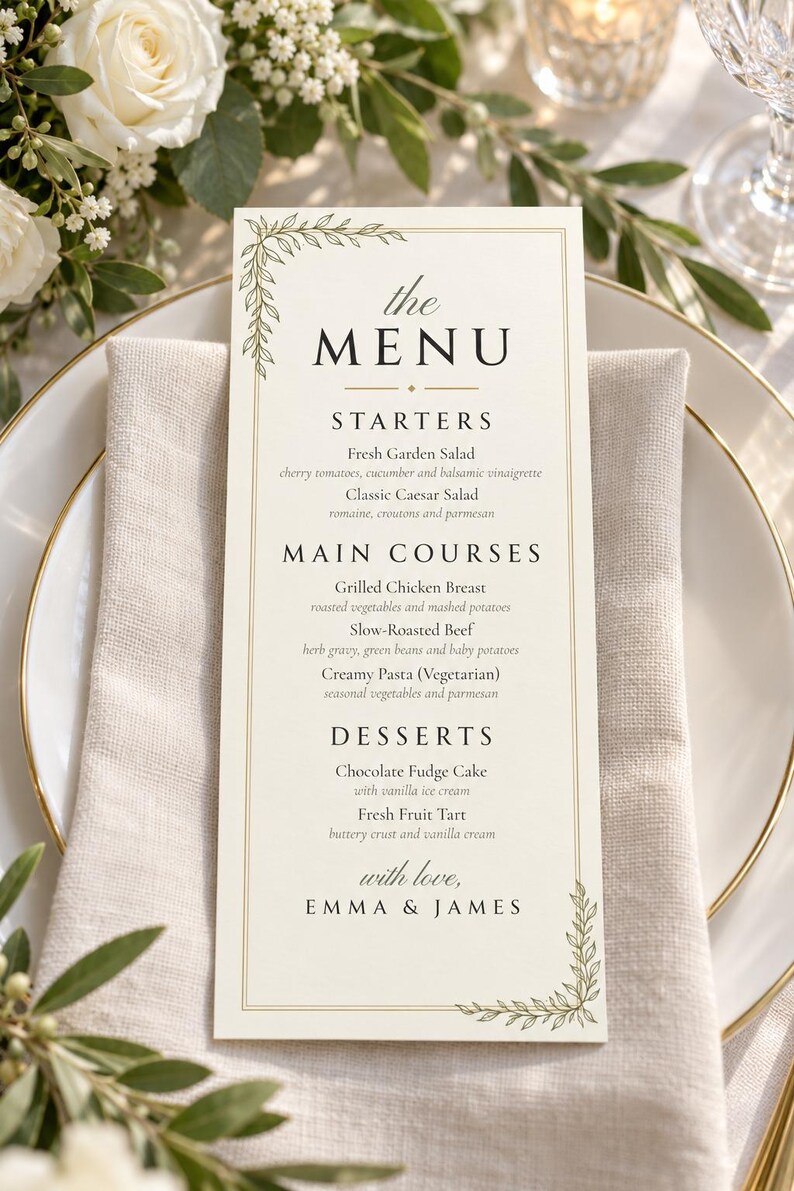 Custom Wedding Dinner Menu, Botanical Line Art Reception Menu Card, Minimalist Place Setting Menu, Printable 4x9 Digital File image 1