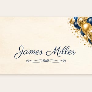 Birthday Name Tents, Navy and Gold Balloon Place Cards, Cheers Birthday Dinner Table Decor, Custom Printable Digital File image 2