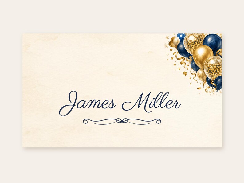 Birthday Name Tents, Navy and Gold Balloon Place Cards, Cheers Birthday Dinner Table Decor, Custom Printable Digital File image 2