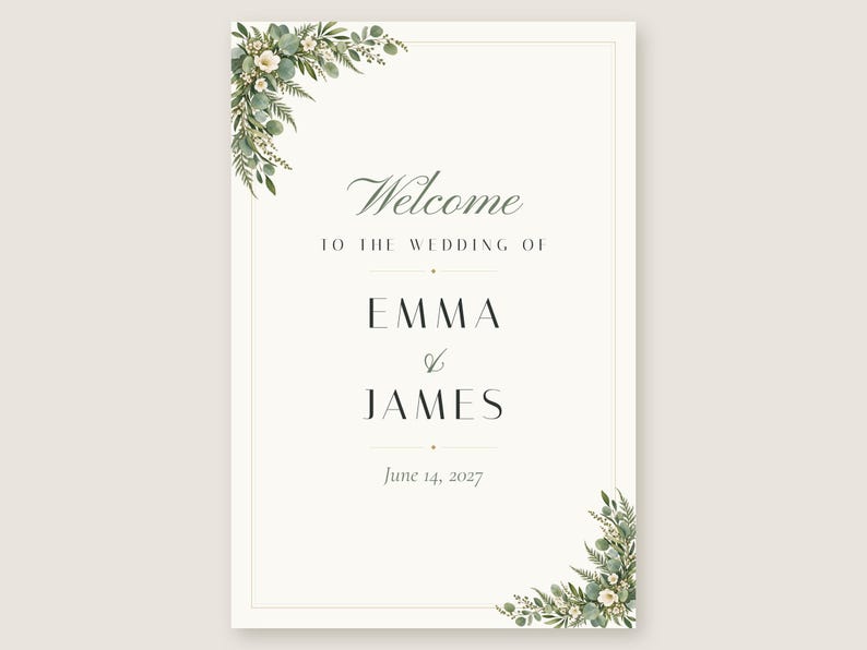 Custom Wedding Welcome Sign, Greenery Welcome Sign with Names and Date, Eucalyptus Wedding Sign, Printable 24x36 Digital File image 2