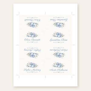 May include: A sheet of eight rectangular labels featuring a watercolor illustration of blue baby booties surrounded by small white flowers. Each label displays a name in blue script, including Olivia Bennett, Grandma Rose, Sophia Martinez, and Aunt Katherine.