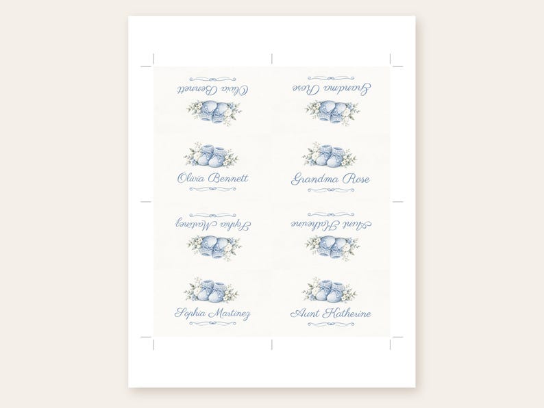 May include: A sheet of eight rectangular labels featuring a watercolor illustration of blue baby booties surrounded by small white flowers. Each label displays a name in blue script, including Olivia Bennett, Grandma Rose, Sophia Martinez, and Aunt Katherine.