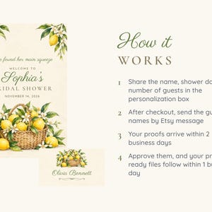 May include: A bridal shower welcome sign and place card featuring watercolor lemons, green leaves, and white blossoms in a woven basket. The text reads: She found her main squeeze, Welcome to Sophia's BRIDAL SHOWER, NOVEMBER 14, 2026, and Olivia Bennett.