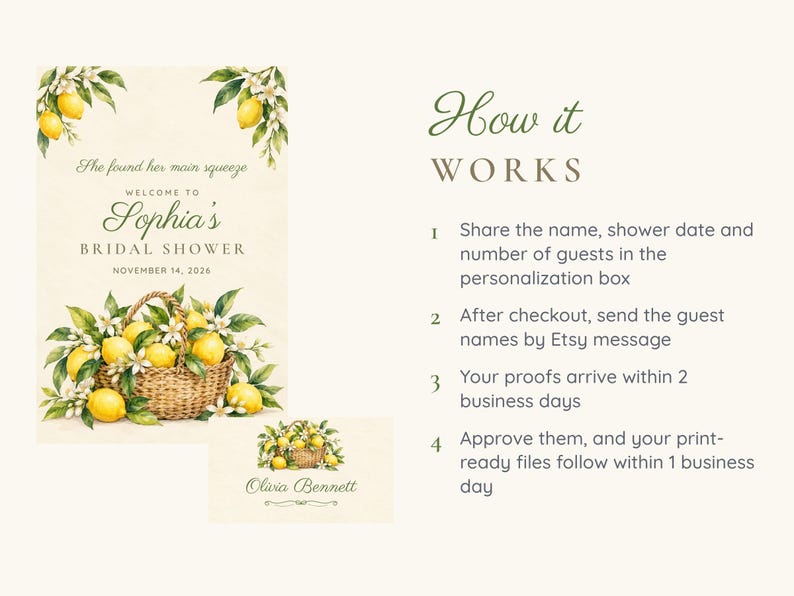 May include: A bridal shower welcome sign and place card featuring watercolor lemons, green leaves, and white blossoms in a woven basket. The text reads: She found her main squeeze, Welcome to Sophia's BRIDAL SHOWER, NOVEMBER 14, 2026, and Olivia Bennett.