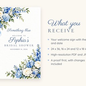 Custom Bridal Shower Welcome Sign, Something Blue Floral Sign, Blue Ribbon Bridal Shower Decor, Printable 24x36 Digital File image 5