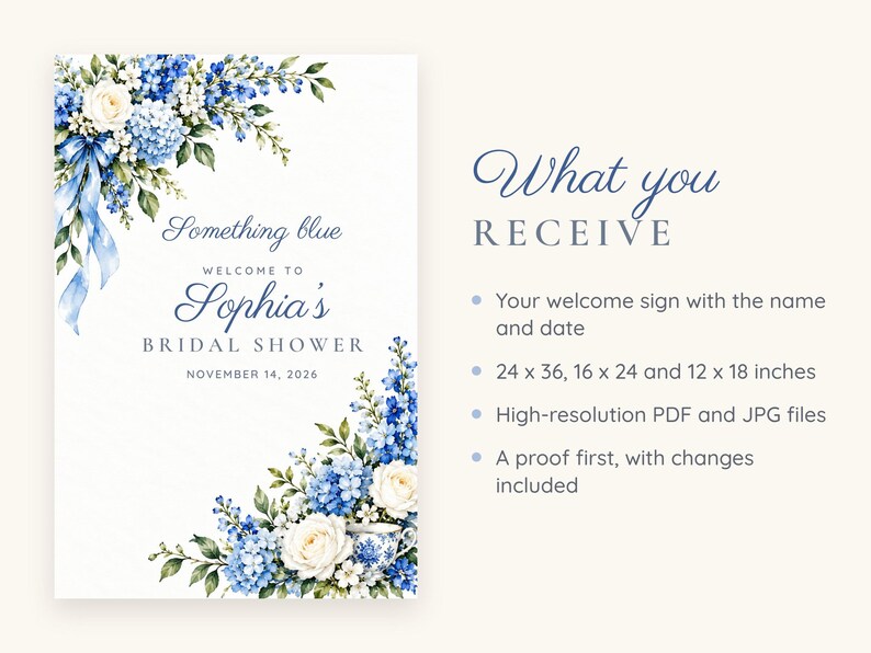 Custom Bridal Shower Welcome Sign, Something Blue Floral Sign, Blue Ribbon Bridal Shower Decor, Printable 24x36 Digital File image 5