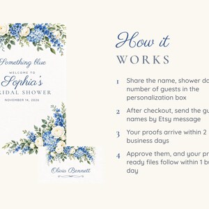 Bridal Shower Welcome Sign and Name Tents Set, Something Blue, Blue Hydrangea Bridal Shower Decor, Custom Printable Digital Files image 4
