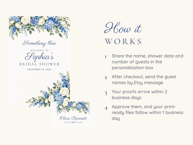 Bridal Shower Welcome Sign and Name Tents Set, Something Blue, Blue Hydrangea Bridal Shower Decor, Custom Printable Digital Files image 4