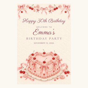 Custom Birthday Welcome Sign, Happy 30th Birthday Sign, Pink Heart Cake Birthday Decor, Printable 24x36 Digital File image 2