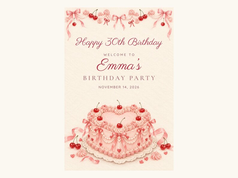 Custom Birthday Welcome Sign, Happy 30th Birthday Sign, Pink Heart Cake Birthday Decor, Printable 24x36 Digital File image 2
