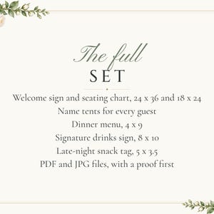 Custom Wedding Sign Bundle, White Rose Welcome Sign, Seating Chart, Name Tents, Menu and Bar Sign, Printable Digital Files image 9