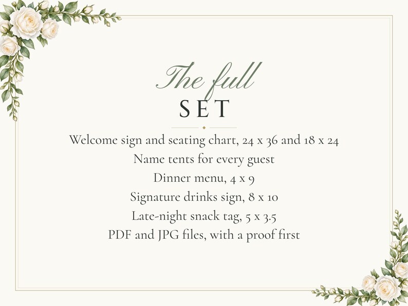 Custom Wedding Sign Bundle, White Rose Welcome Sign, Seating Chart, Name Tents, Menu and Bar Sign, Printable Digital Files image 9