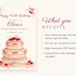 Custom Birthday Welcome Sign, Happy 40th Birthday Sign, Pink Vintage Cake Birthday Decor, Printable 24x36 Digital File image 5