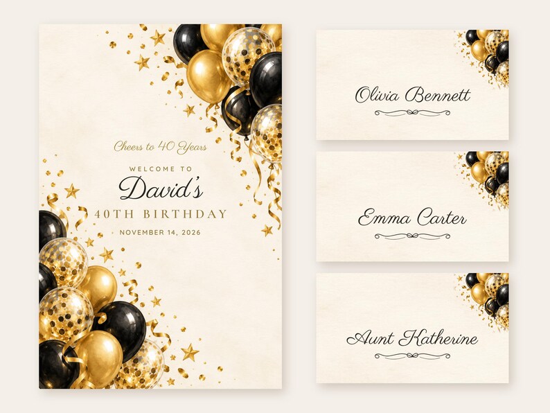 Birthday Welcome Sign and Name Tents Set, Cheers to 40 Years, Black and Gold Balloons Birthday Decor, Custom Printable Digital Files image 1