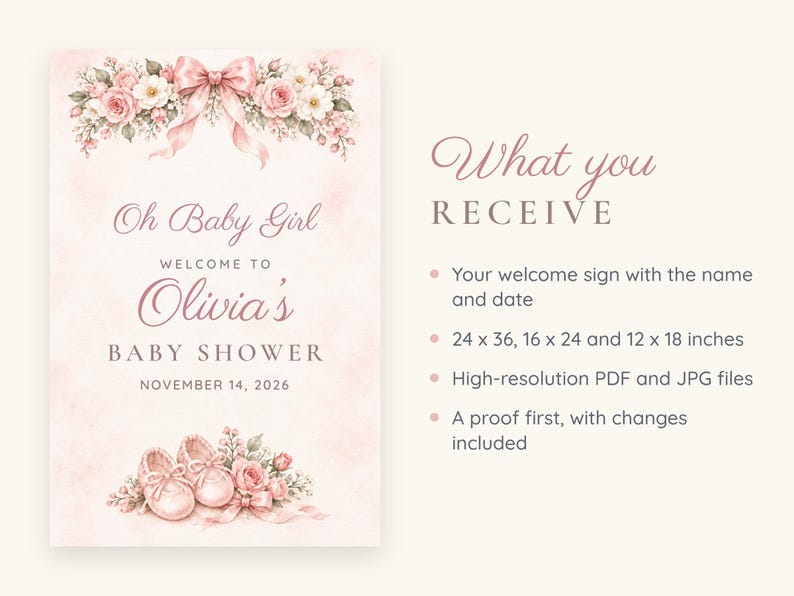 Custom Baby Shower Welcome Sign, Oh Baby Girl Pink Bow Sign, Ballet Shoes Baby Girl Shower Decor, Printable 24x36 Digital File image 5