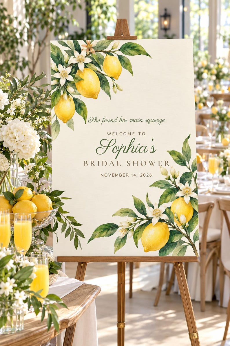 Custom Bridal Shower Welcome Sign, She Found Her Main Squeeze Lemon Sign, Lemon Branch Bridal Shower Decor, Printable 24x36 Digital File afbeelding 1