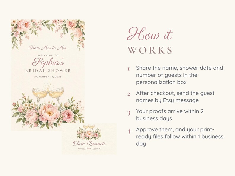 Letrero de bienvenida y etiquetas para nombres para despedida de soltera, De señorita a señora, Brindis con champán, Decoración para despedida de soltera, Archivos digitales imprimibles personalizados imagen 4