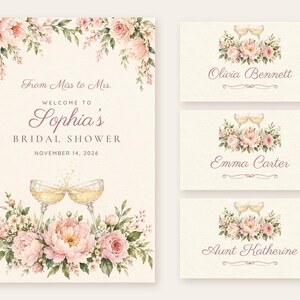 Letrero de bienvenida y etiquetas para nombres para despedida de soltera, De señorita a señora, Brindis con champán, Decoración para despedida de soltera, Archivos digitales imprimibles personalizados imagen 1