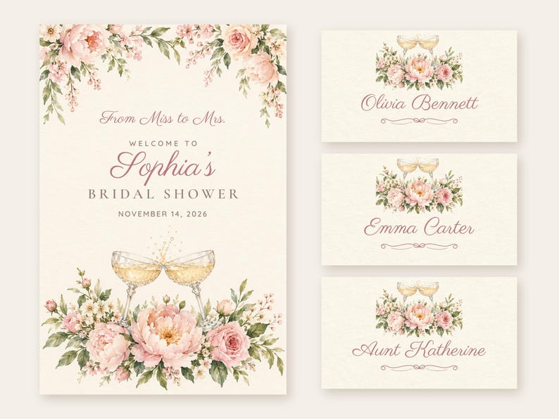 Letrero de bienvenida y etiquetas para nombres para despedida de soltera, De señorita a señora, Brindis con champán, Decoración para despedida de soltera, Archivos digitales imprimibles personalizados imagen 1