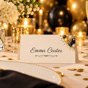 Birthday Name Tents, Black and Gold Balloon Place Cards, Cheers Birthday Dinner Table Decor, Custom Printable Digital File