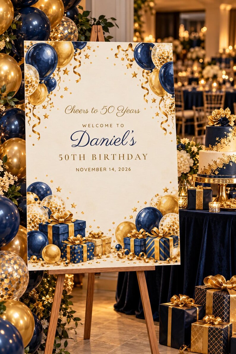 Custom Birthday Welcome Sign, Cheers to 50 Years Sign, Navy and Gold Balloon Birthday Decor, Printable 24x36 Digital File image 1