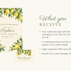 May include: A bridal shower welcome sign and name tent featuring watercolor lemon and blossom illustrations. The sign displays the text: She found her main squeeze, WELCOME TO Sophia's BRIDAL SHOWER, NOVEMBER 14, 2026. The name tent displays the name Olivia Bennett.