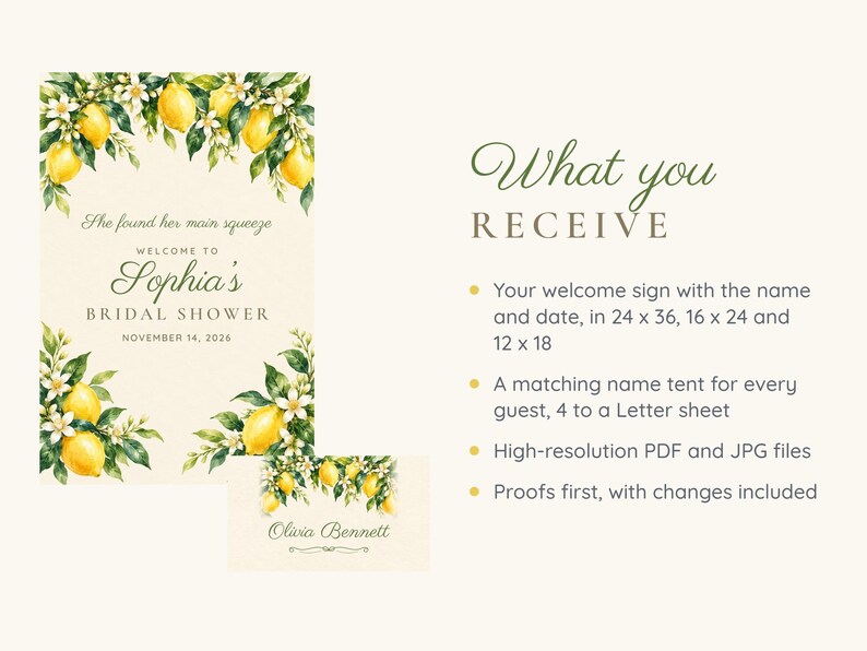 May include: A bridal shower welcome sign and name tent featuring watercolor lemon and blossom illustrations. The sign displays the text: She found her main squeeze, WELCOME TO Sophia's BRIDAL SHOWER, NOVEMBER 14, 2026. The name tent displays the name Olivia Bennett.