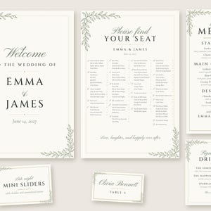Individuelles Hochzeitsschild-Set: Willkommensschild mit botanischer Linienzeichnung, Sitzplan, Namensschilder, Menü- und Barschild, druckbare digitale Dateien Bild 1