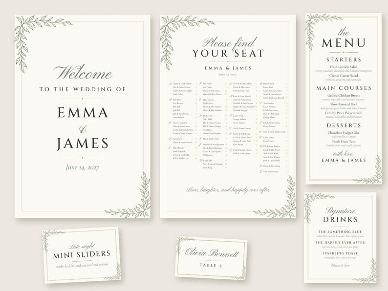 Individuelles Hochzeitsschild-Set: Willkommensschild mit botanischer Linienzeichnung, Sitzplan, Namensschilder, Menü- und Barschild, druckbare digitale Dateien Bild 1