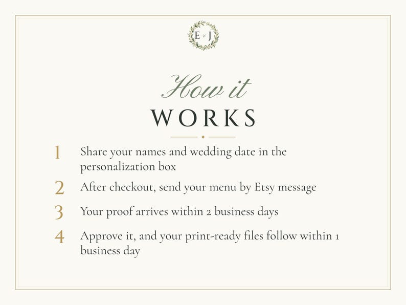 Custom Wedding Dinner Menu, Monogram Reception Menu Card, Wreath Place Setting Menu, Printable 4x9 Digital File image 4