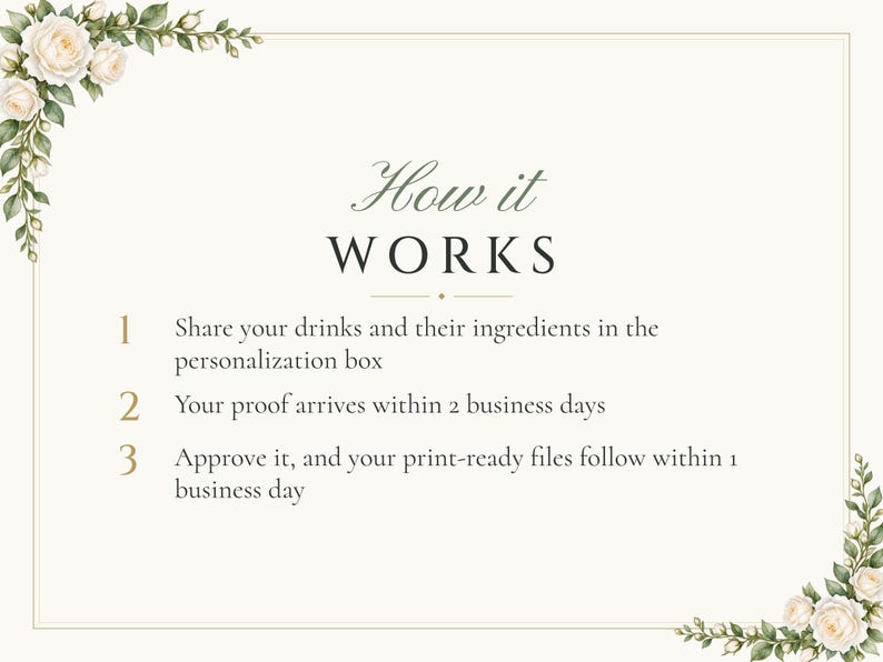 Custom Signature Drinks Sign, White Rose Wedding Bar Sign, Garden Rose Cocktail Menu, Printable 8x10 Digital File image 4