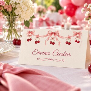 Birthday Welcome Sign and Name Tents Set, Happy 30th Birthday, Cherry and Bow Birthday Decor, Custom Printable Digital Files image 3