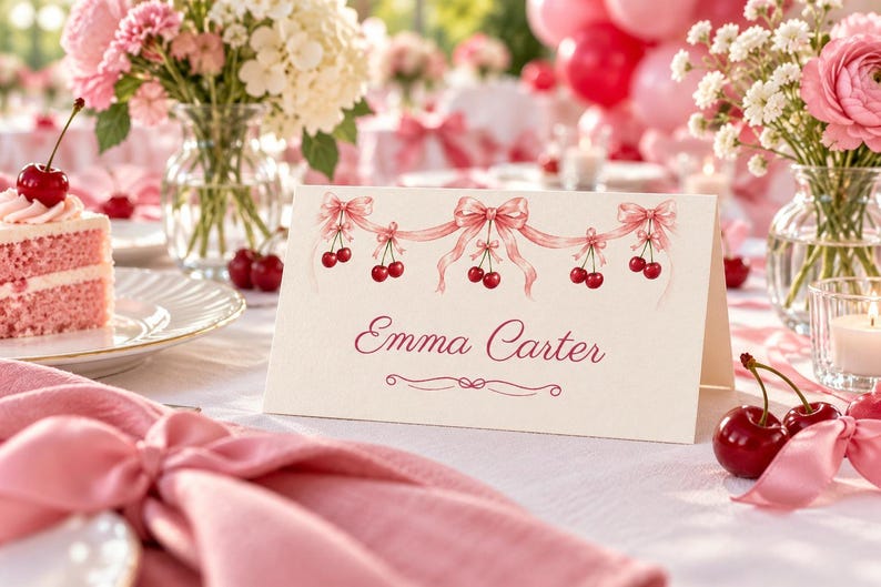 Birthday Welcome Sign and Name Tents Set, Happy 30th Birthday, Cherry and Bow Birthday Decor, Custom Printable Digital Files image 3